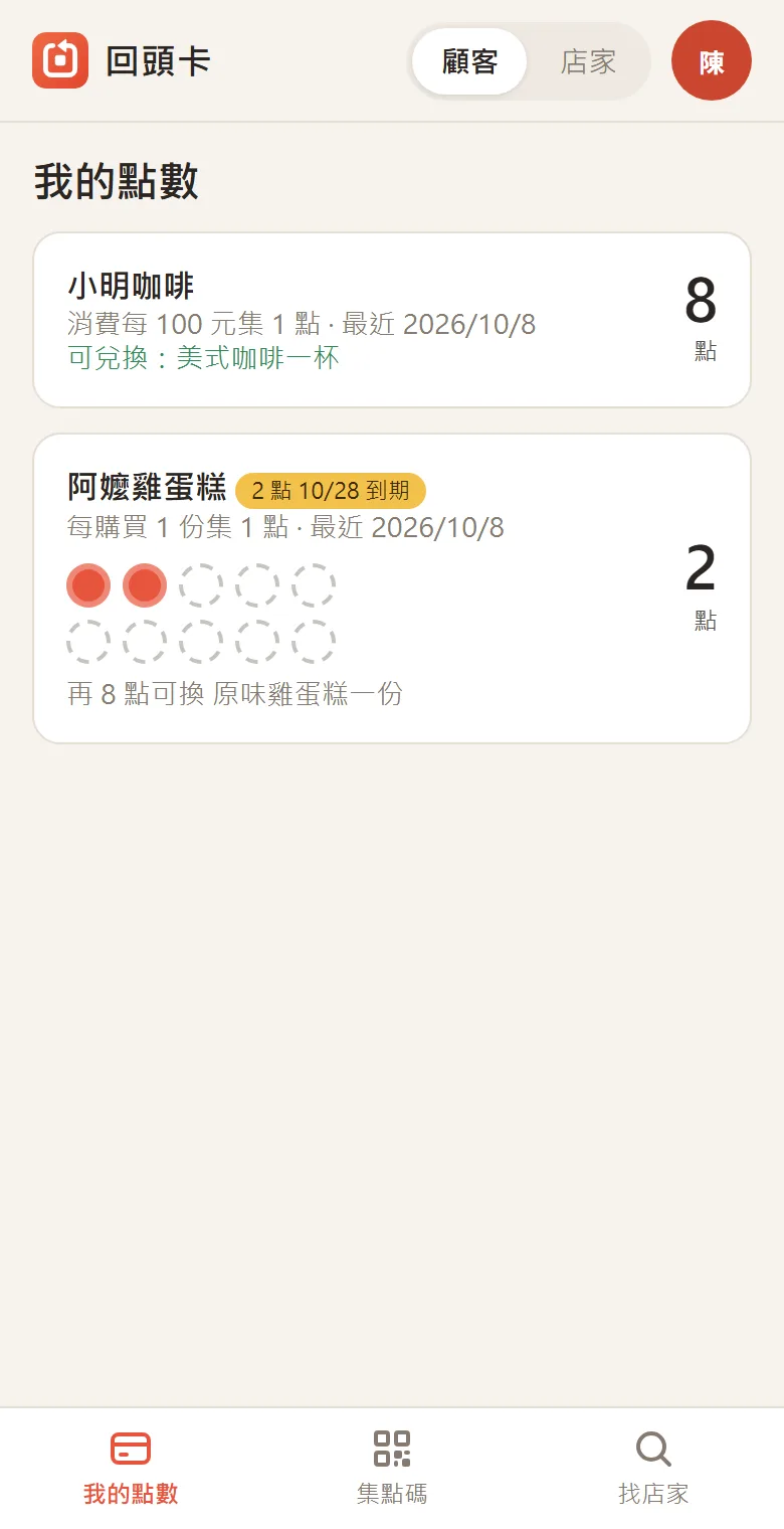 我的點數畫面,列出兩家店的點數與兌換進度