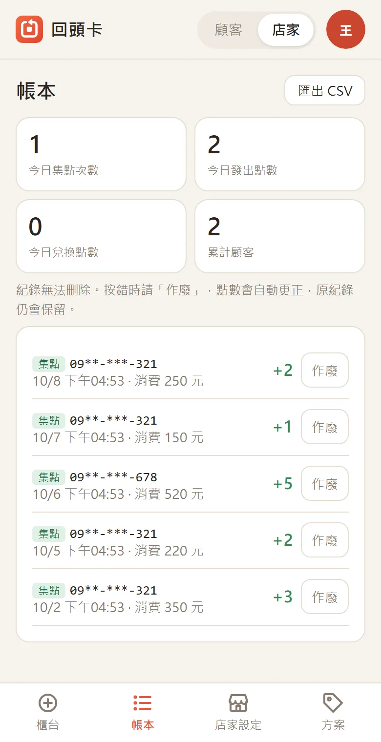 帳本畫面,顯示今日統計與交易紀錄